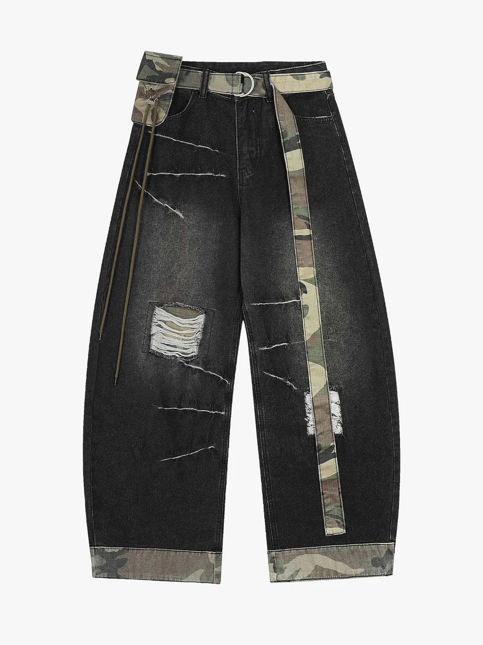 Zwoyren Vintage Washed Ripped Camouflage Patchwork Jeans