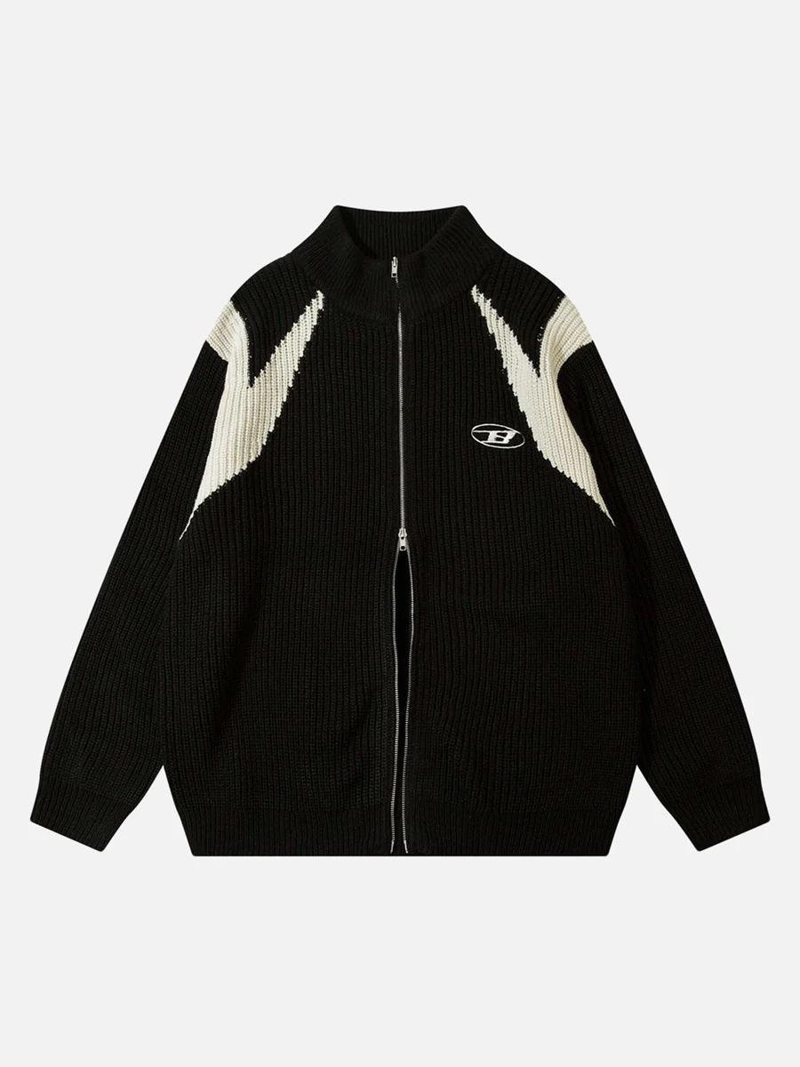 American Style Color Blocking Zipper Cardigan Sweater Loose Knit