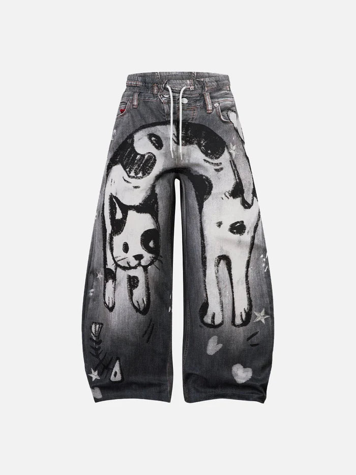 Zwoyren Graffiti Cat Baaggy Barrel Sweatpants
