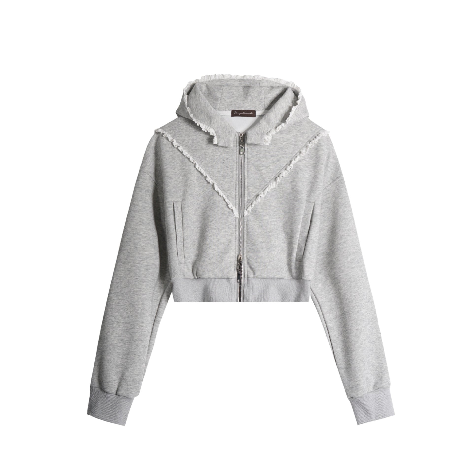 Zwoyren Ruffle Trim Cropped Zip Up Hoodie