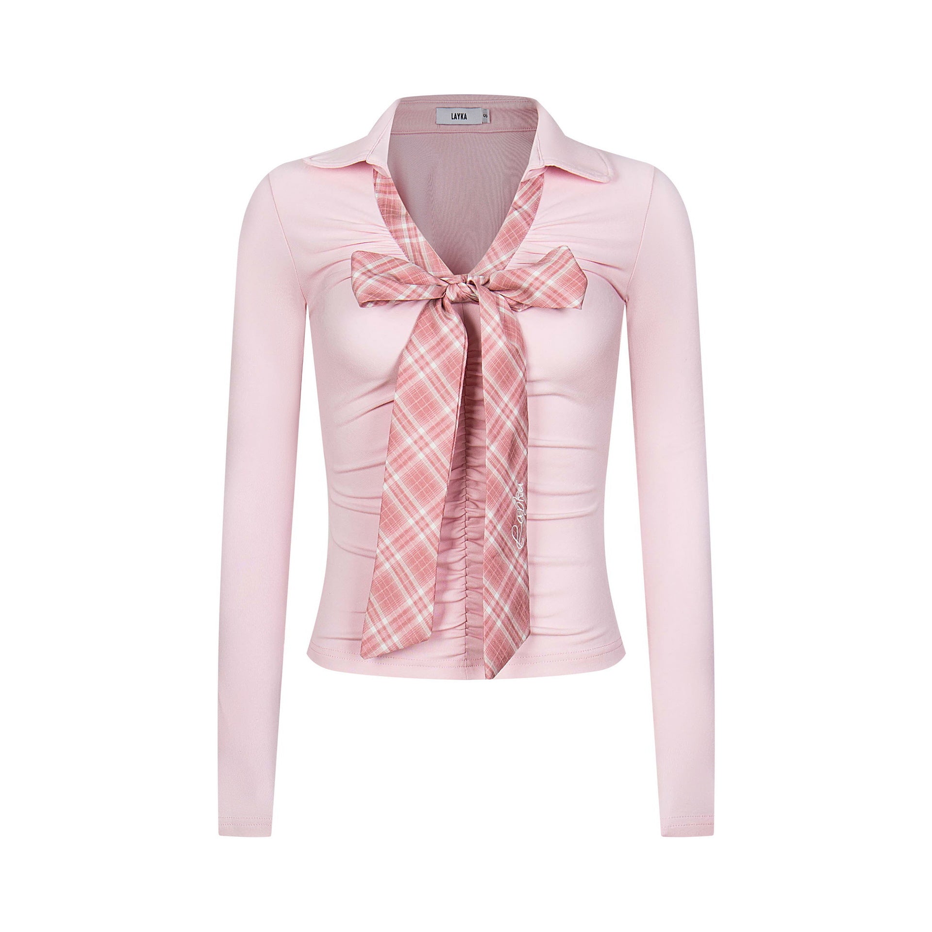Zwoyren Long Sleeve Plaid Bow Tie Top