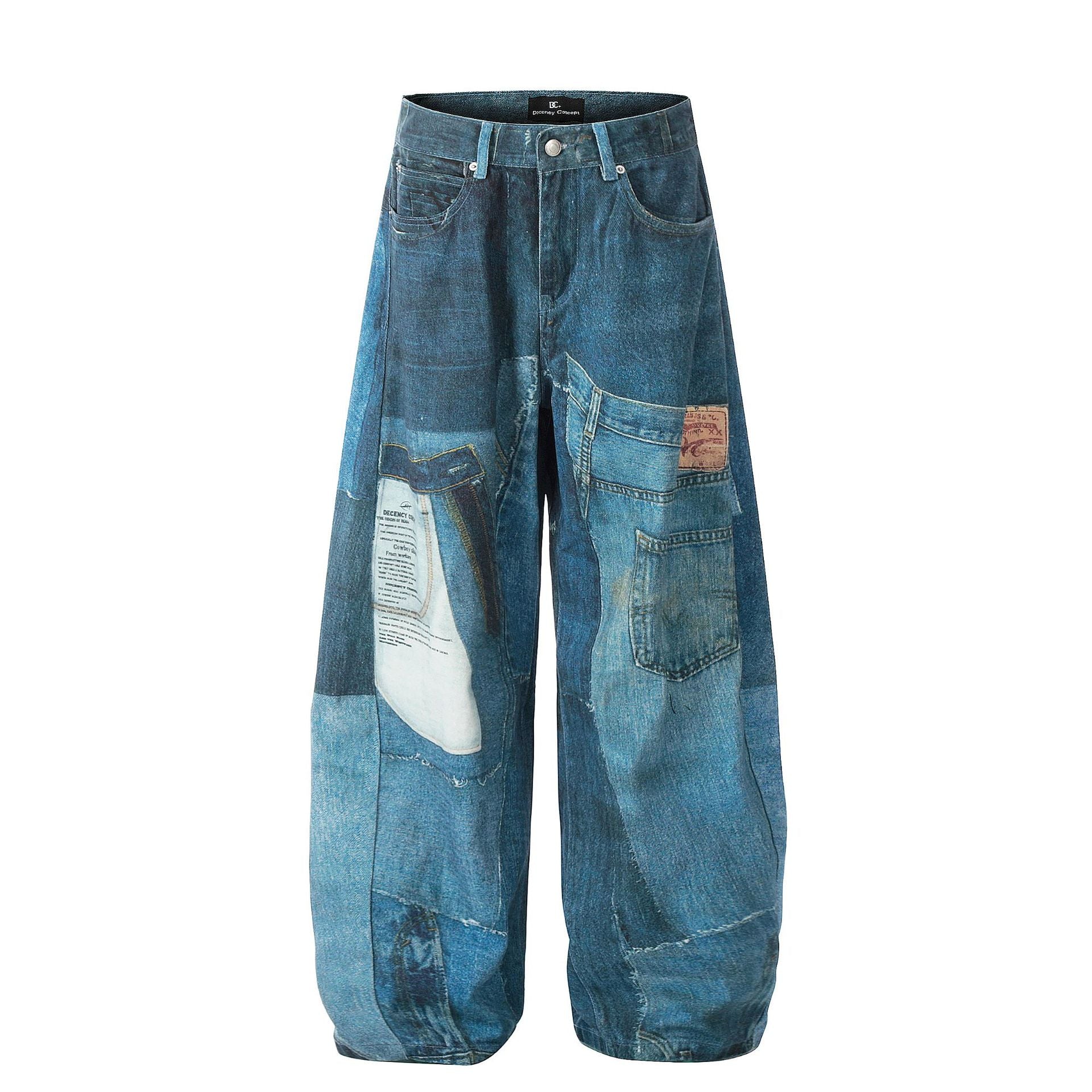 Zwoyren Illusion Denim Graphic Baggy Barrel Jeans