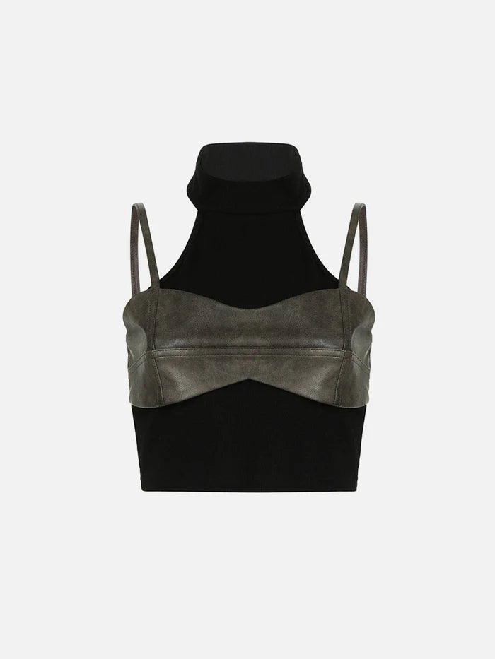 Zwoyren Faux Leather Patchwork Tank Top