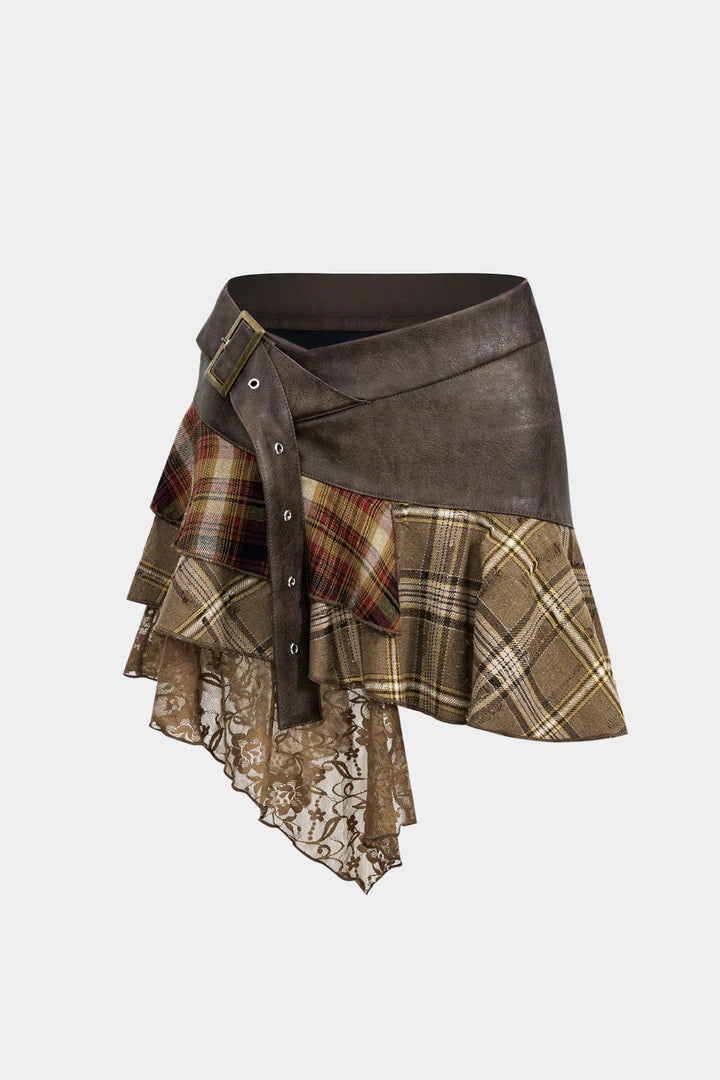 Zwoyren Patchwork Ruffled Plaid Skirt