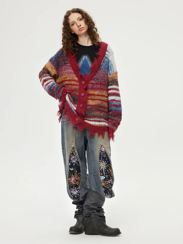 Zwoyren Fringe Gradient Pinstripe Cardigan