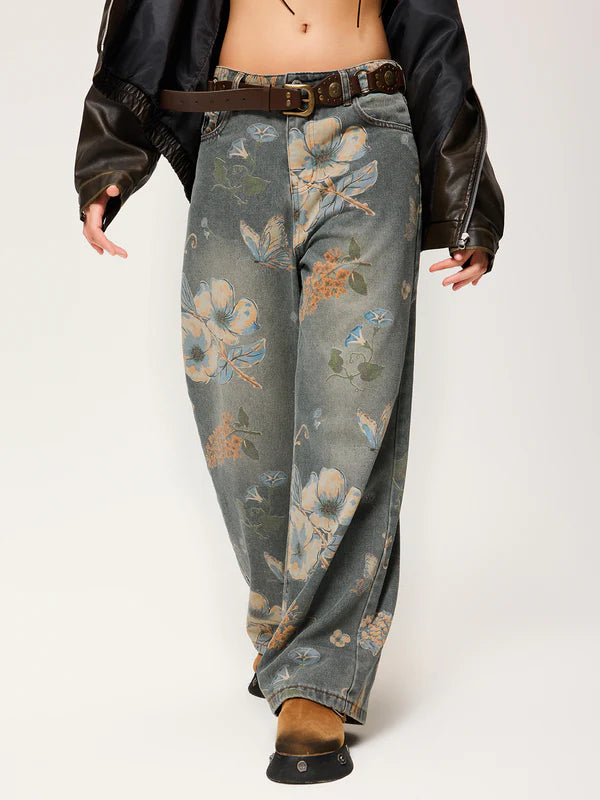 Zwoyren Plant Flower Print Jeans