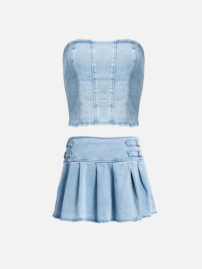 Zwoyren Slit Wrinkle Denim Skirt Set