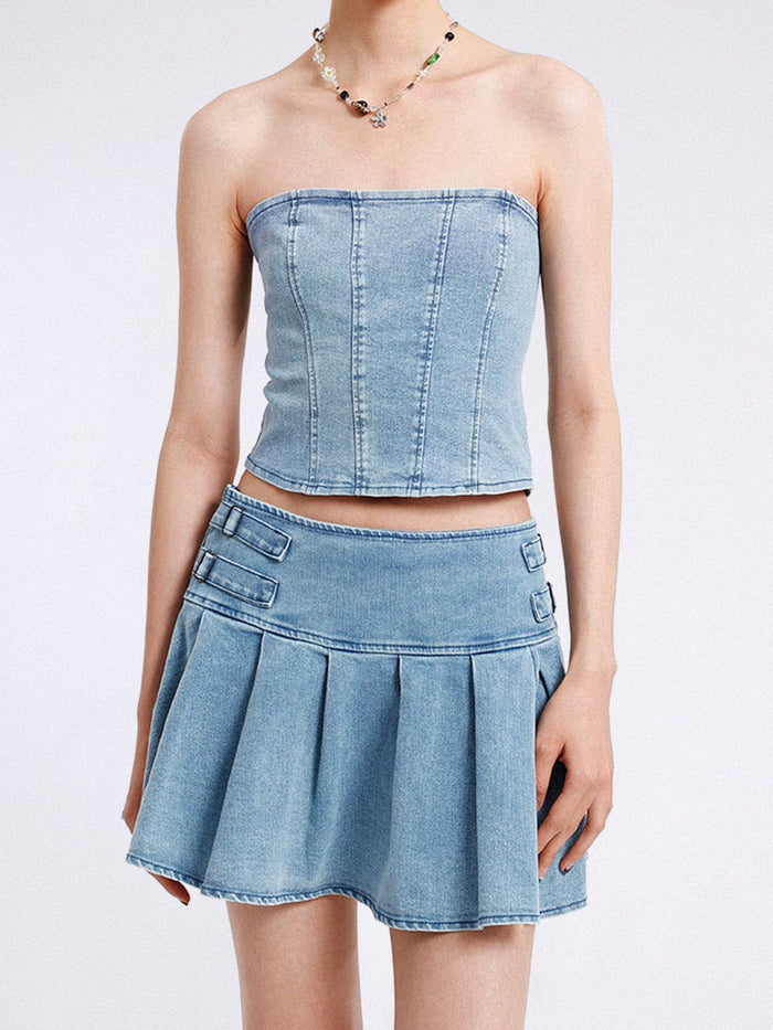 Zwoyren Slit Wrinkle Denim Skirt Set