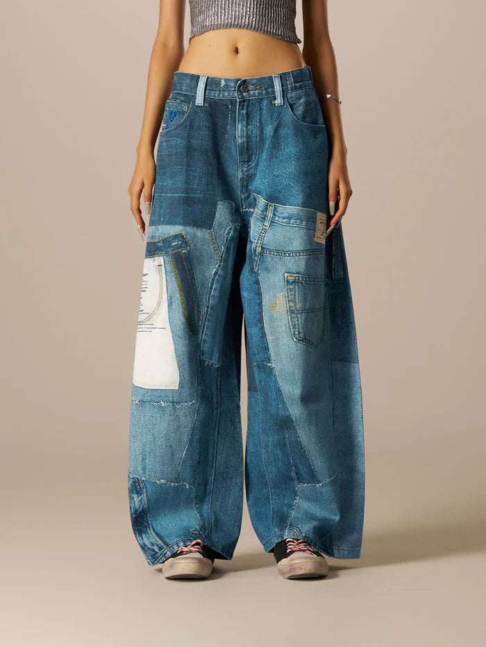 Zwoyren Illusion Denim Graphic Baggy Barrel Jeans