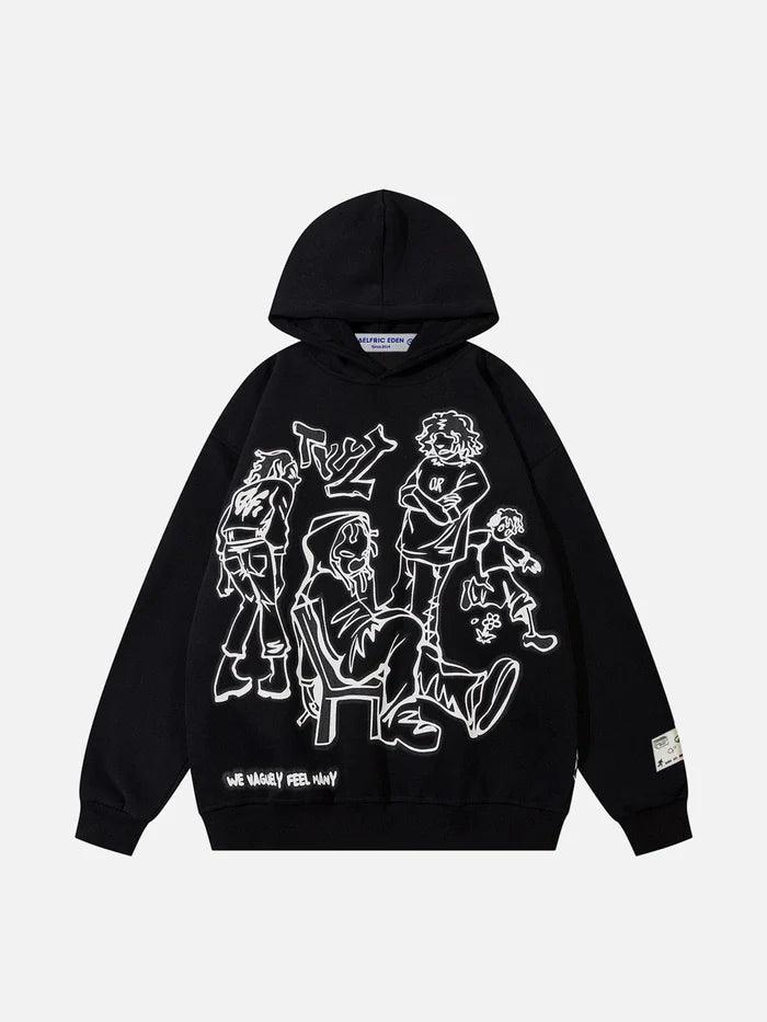 Cartoon Line Character Print Hoodie