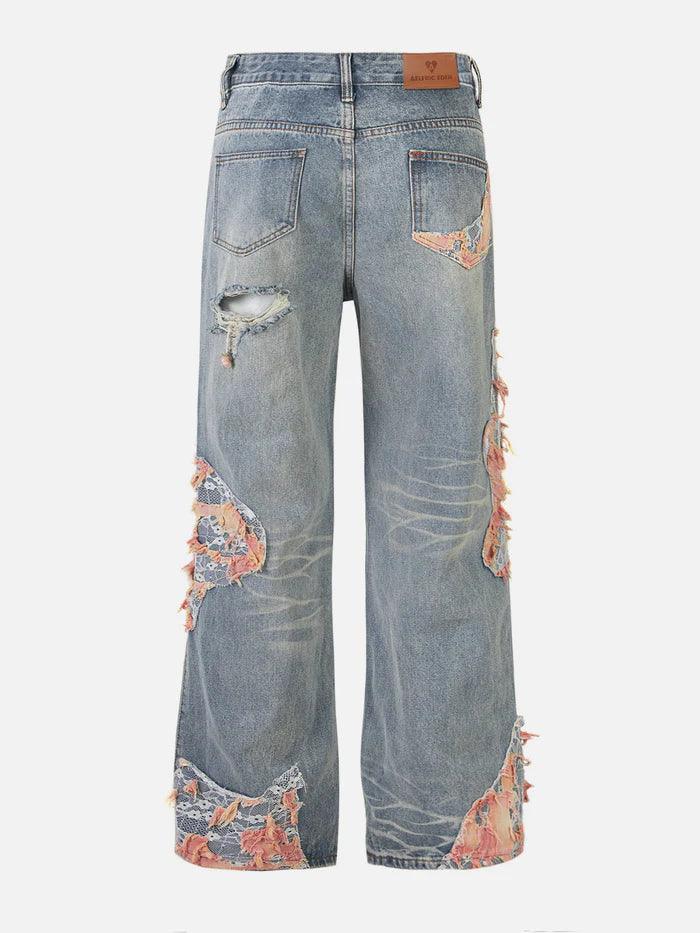 Zwoyren Distressed Lace Patchwork Jeans