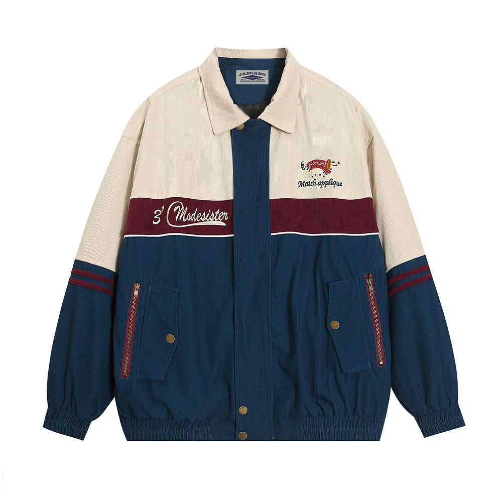 Zwoyren Retro Color Block Corduroy Varsity Jacket