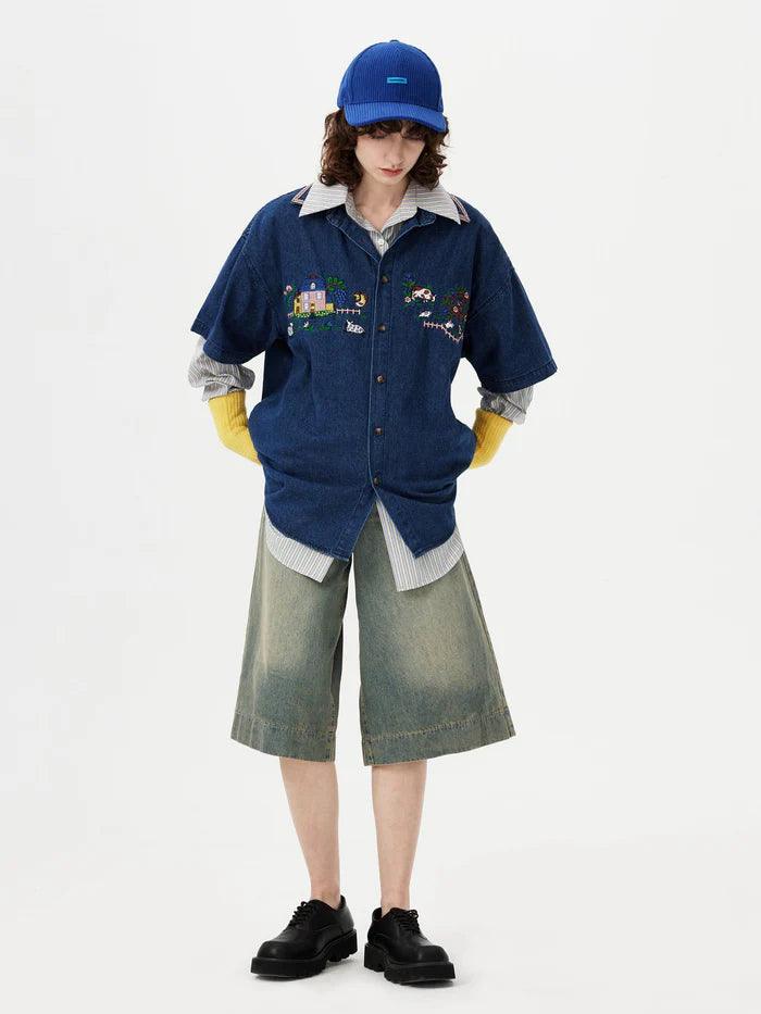 Zwoyren Embroidery Denim Short Sleeve Shirt