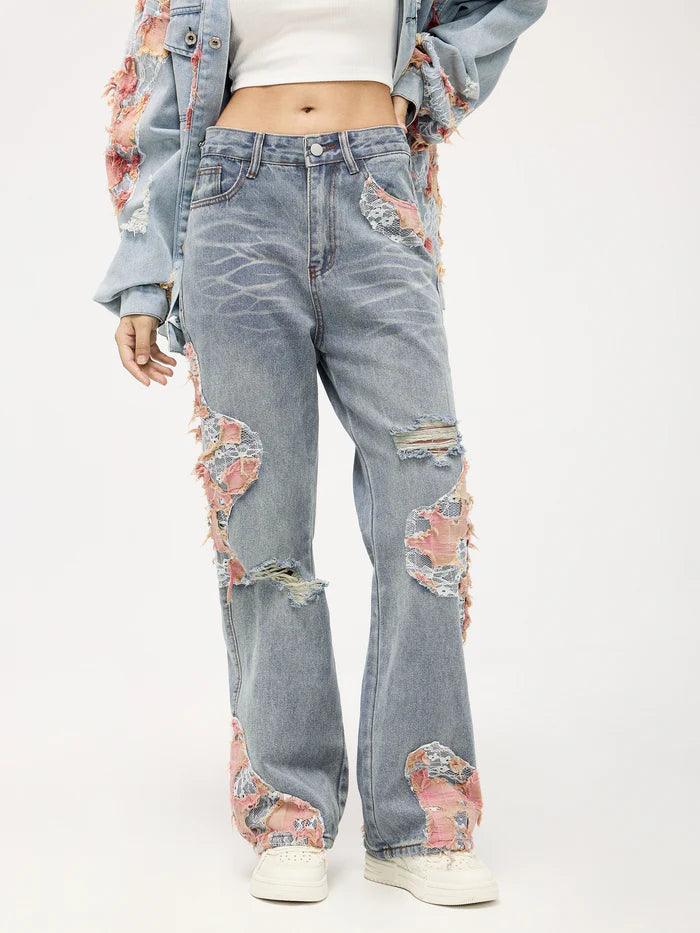 Zwoyren Distressed Lace Patchwork Jeans