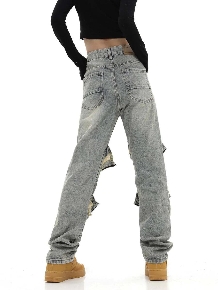 Torn Work Pockets Streaight Denim Pants