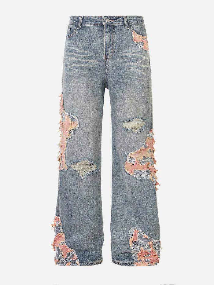 Zwoyren Distressed Lace Patchwork Jeans