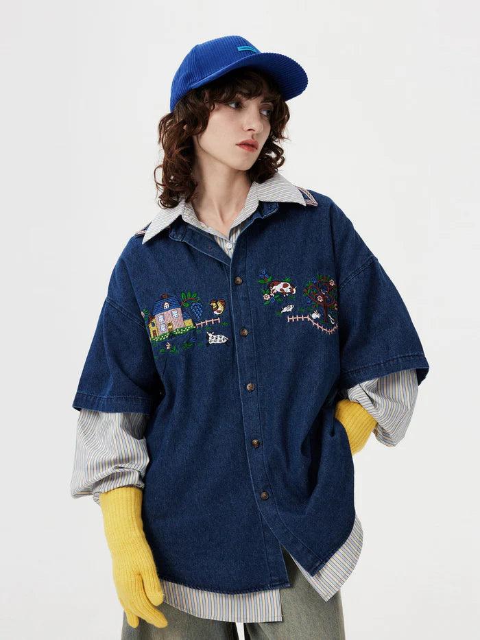 Zwoyren Embroidery Denim Short Sleeve Shirt