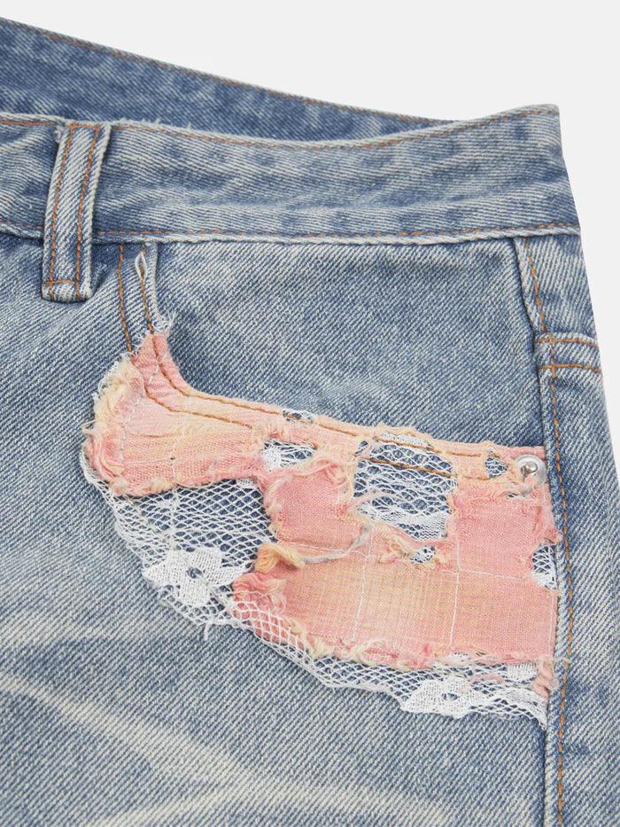 Zwoyren Distressed Lace Patchwork Jeans