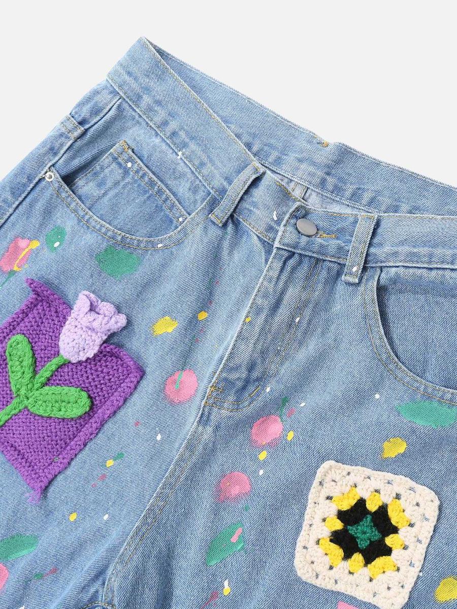 Zwoyren Patch Flower Embroidered Denim Shorts