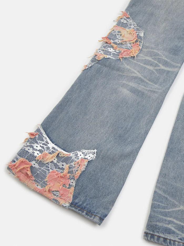 Zwoyren Distressed Lace Patchwork Jeans