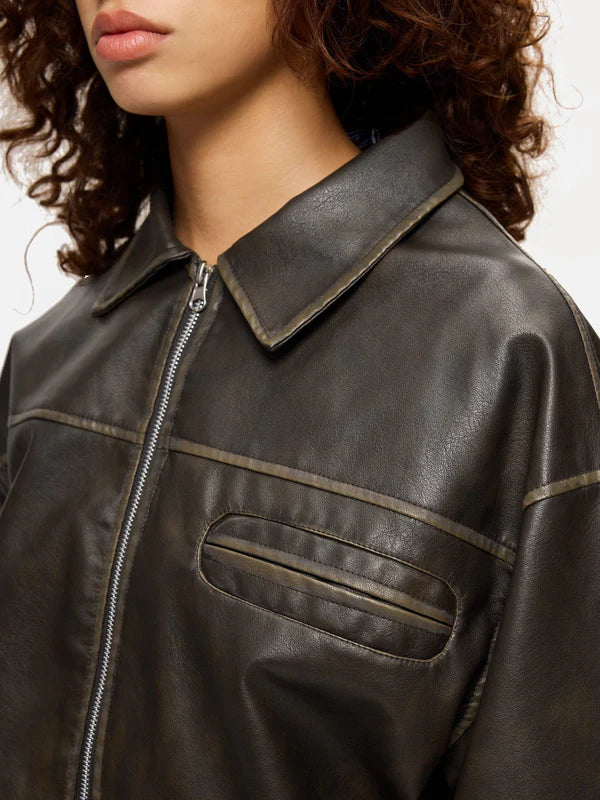 Zwoyren Multi Pocket Faux Leather Cropped Jacket