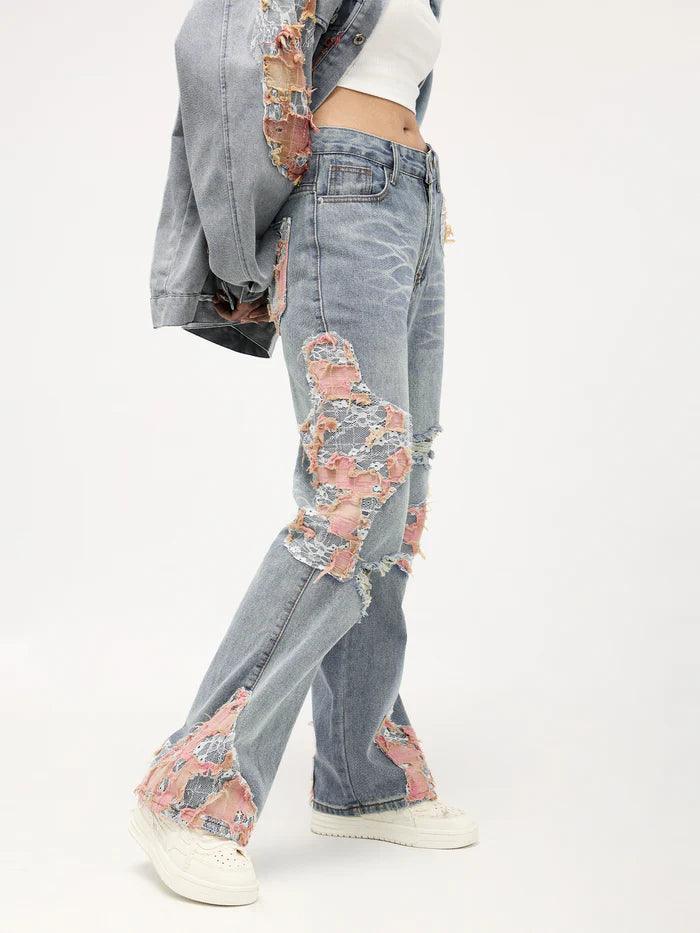 Zwoyren Distressed Lace Patchwork Jeans