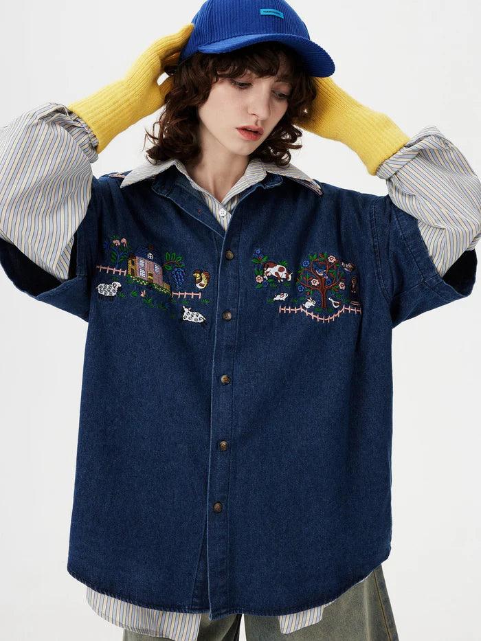 Zwoyren Embroidery Denim Short Sleeve Shirt