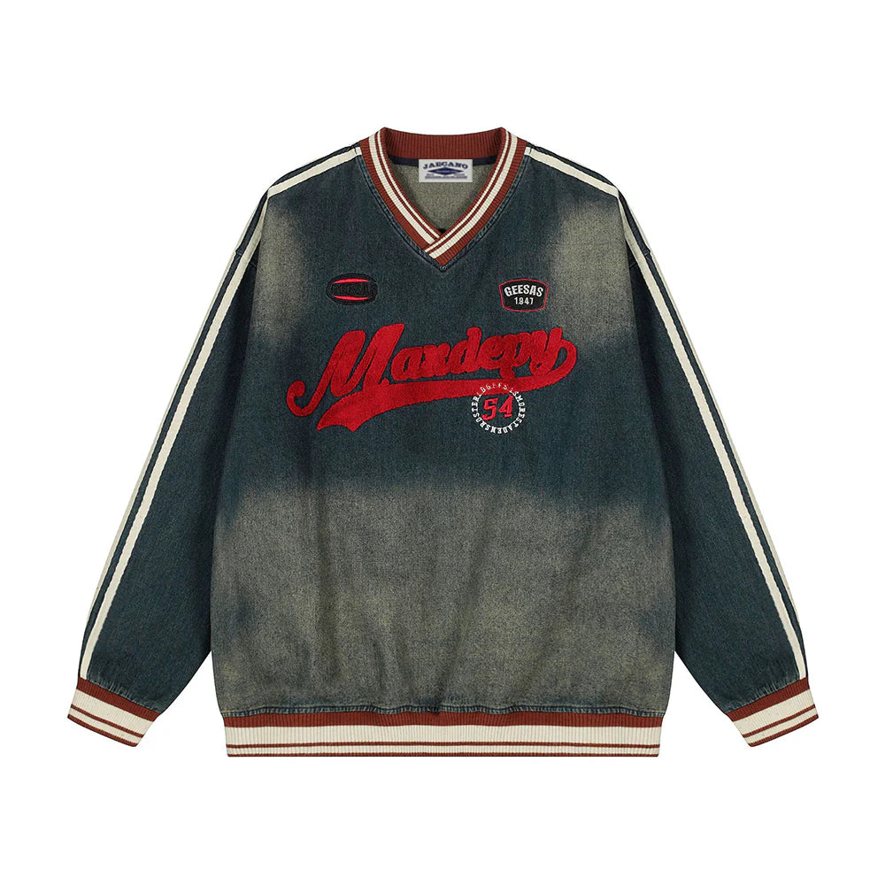 Zwoyren Retro Contrast Denim Sweatshirt