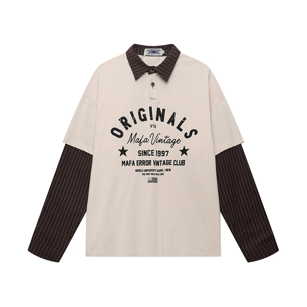 Zwoyren Pinstripe Faux-Layered Polo Long Sleeve Tee