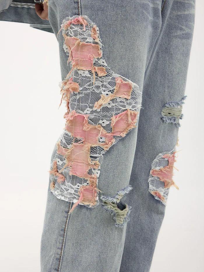 Zwoyren Distressed Lace Patchwork Jeans