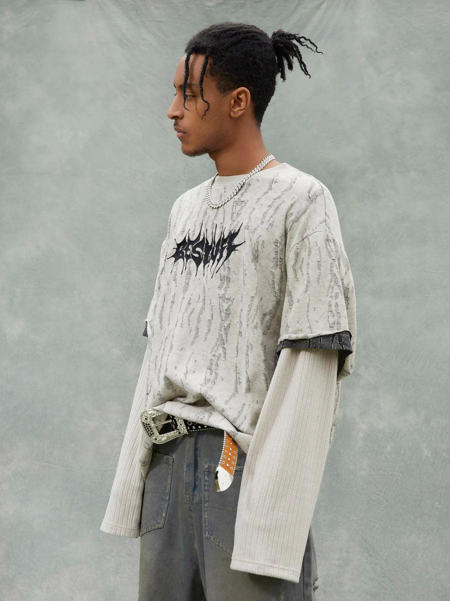 Fake Two-piece Distressed Textured Woolen T-shirt