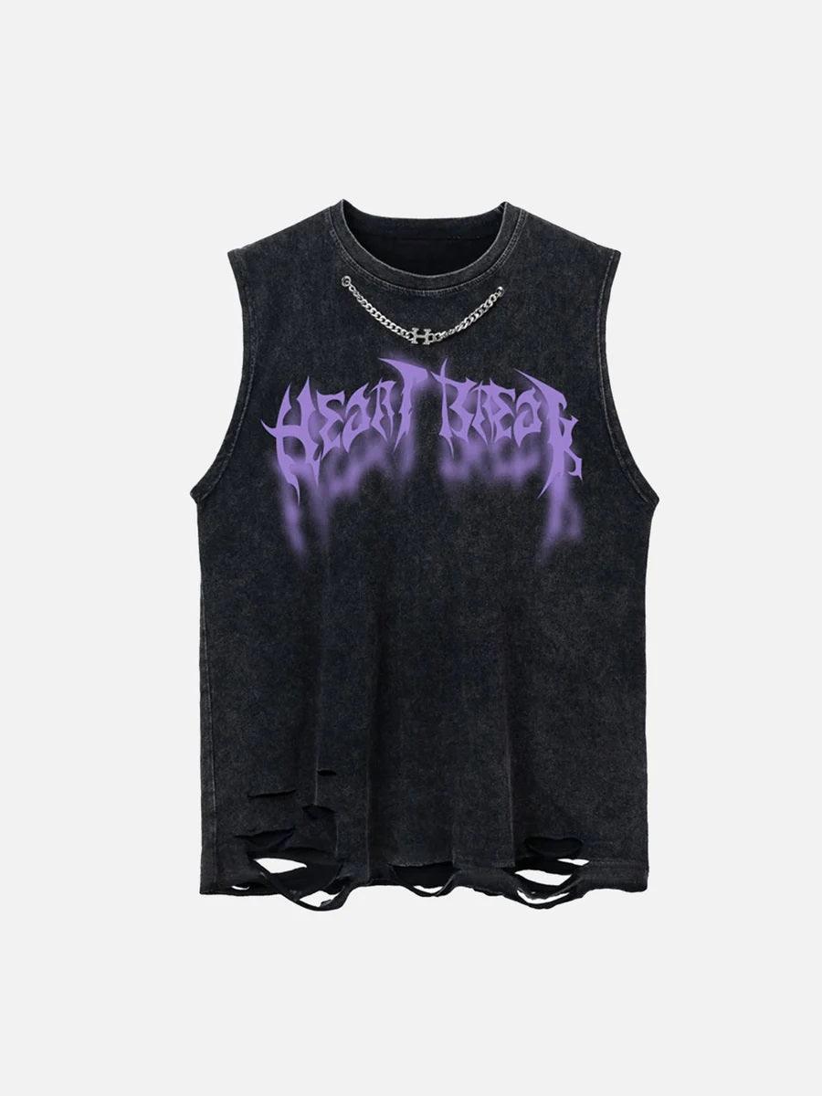 Mettalic Embellished Phantom Lettering Vintage Distressed Washed Tank Top 