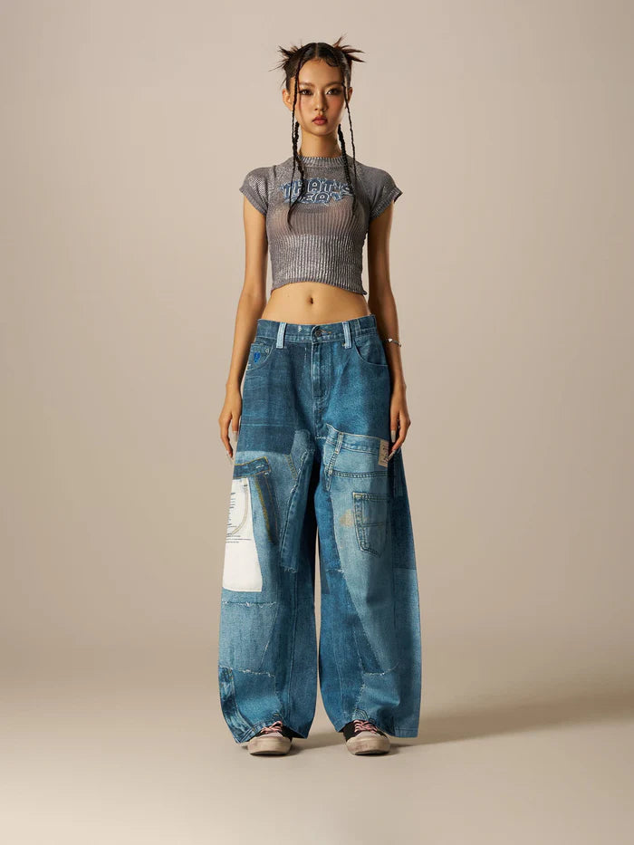 Zwoyren Illusion Denim Graphic Baggy Barrel Jeans