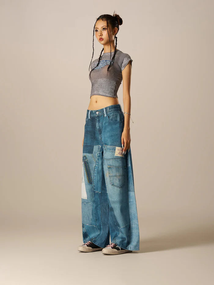 Zwoyren Illusion Denim Graphic Baggy Barrel Jeans