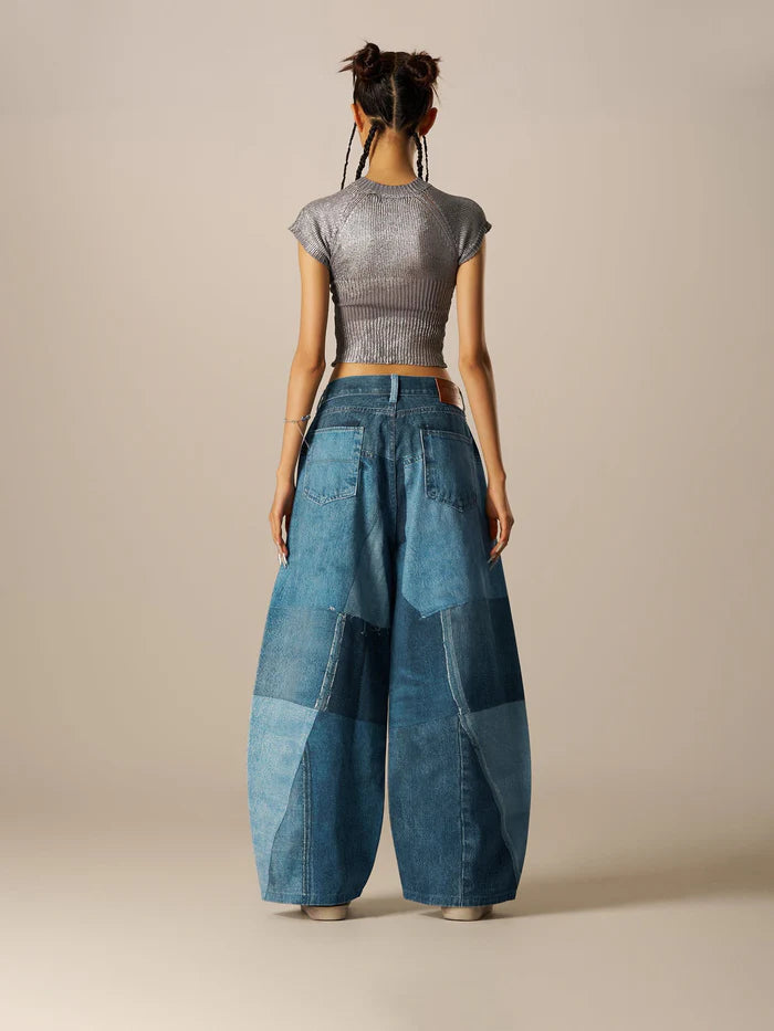 Zwoyren Illusion Denim Graphic Baggy Barrel Jeans