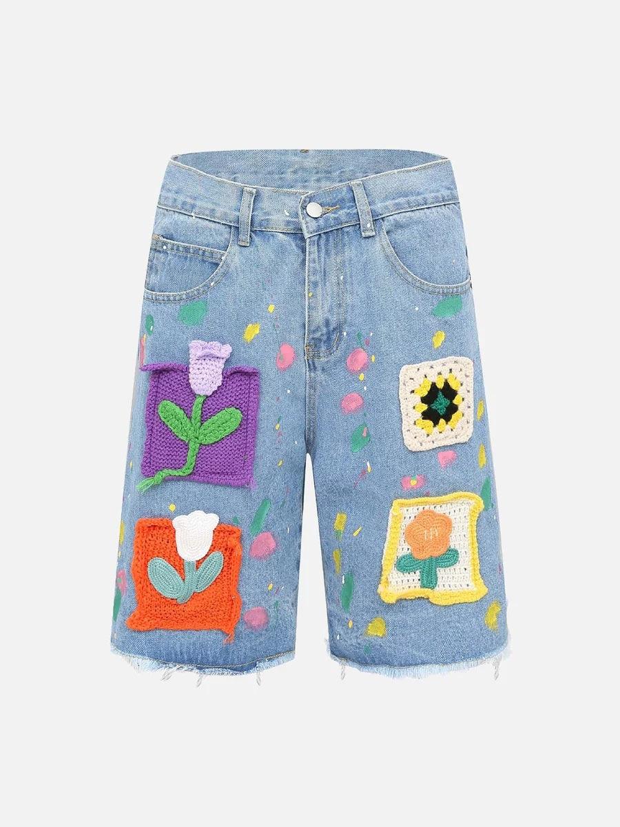 Zwoyren Patch Flower Embroidered Denim Shorts