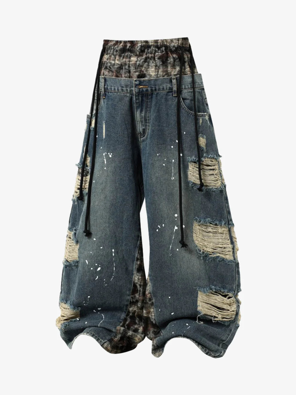 Zwoyren Distressed Plaid Layered Drawstring Wide Leg Jeans