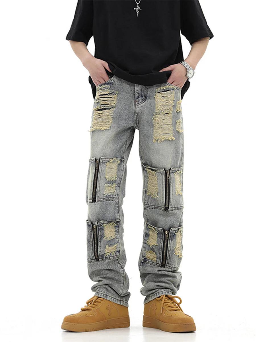 Torn Work Pockets Streaight Denim Pants