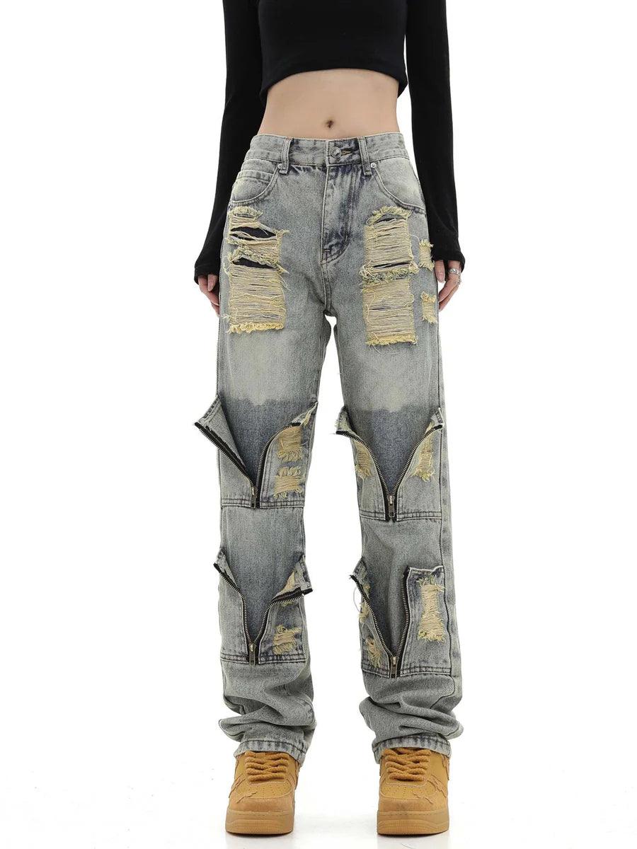 Torn Work Pockets Streaight Denim Pants