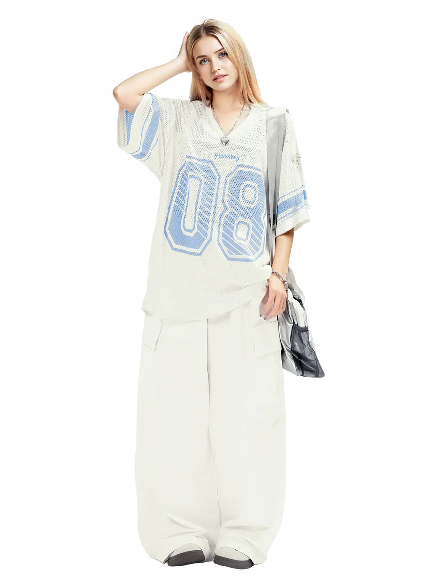Zwoyren Retro Hollow Digital Stripe Print Jersey T-Shirt