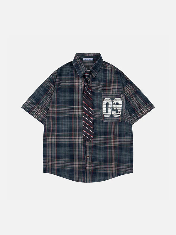 Zwoyren Plaid Necktie Short Sleeve Shirt