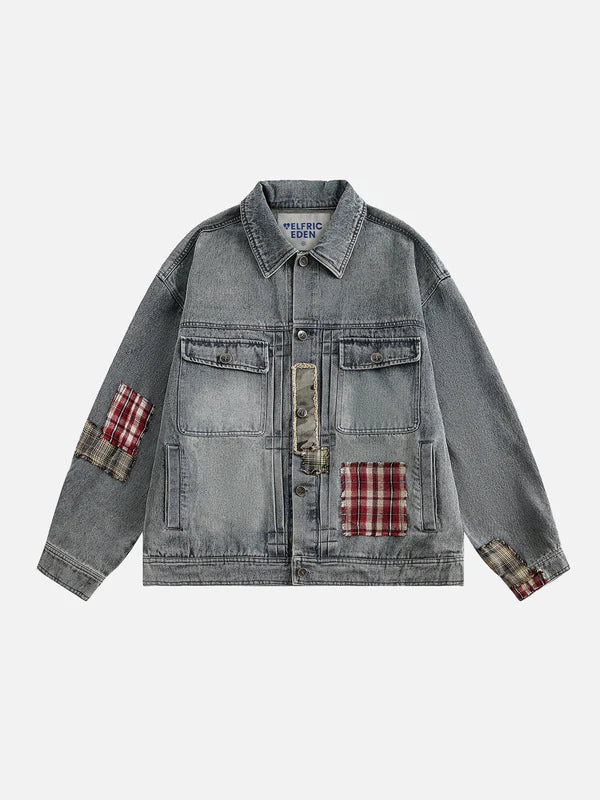 Zwoyren Plaid Patchwork Washed Denim Jacket