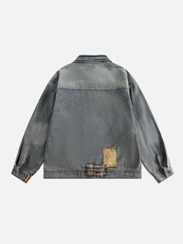 Zwoyren Plaid Patchwork Washed Denim Jacket