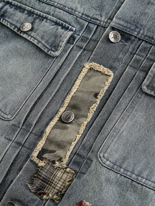 Zwoyren Plaid Patchwork Washed Denim Jacket