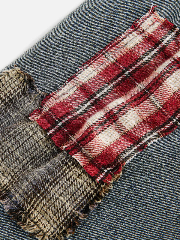 Zwoyren Plaid Patchwork Washed Denim Jacket