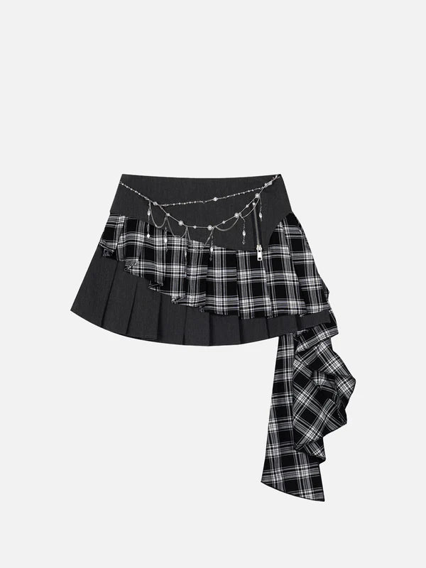 Zwoyren Plaid Patchwork Chain Skirt