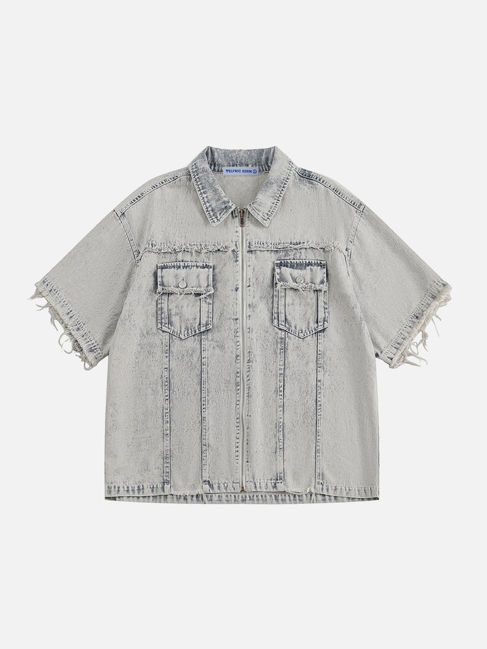 Zwoyren Fringe Washed Denim Short Sleeve Shirt