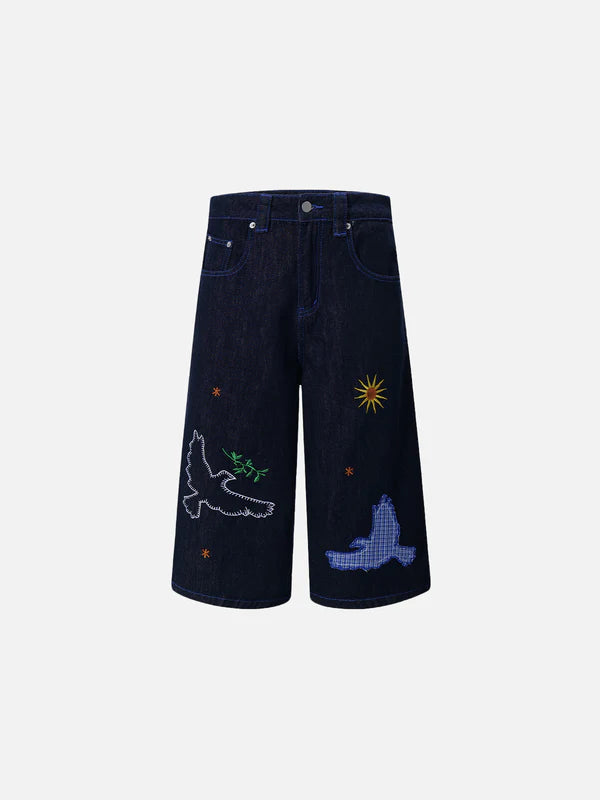 Zwoyren Pigeon Embroidery Longline Jorts