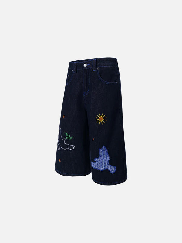 Zwoyren Pigeon Embroidery Longline Jorts