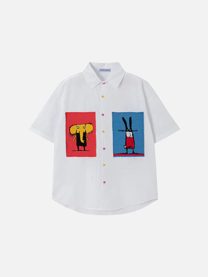Zwoyren Cartoon Embroidery Short Sleeve Shirt